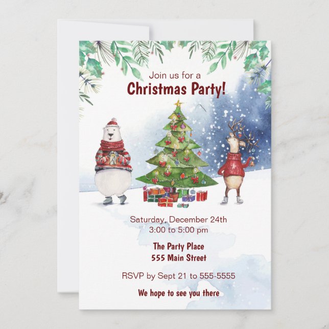Winter watercolor christmas tree party invitation (Front)