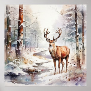 Winter Watercolor Deer Poster