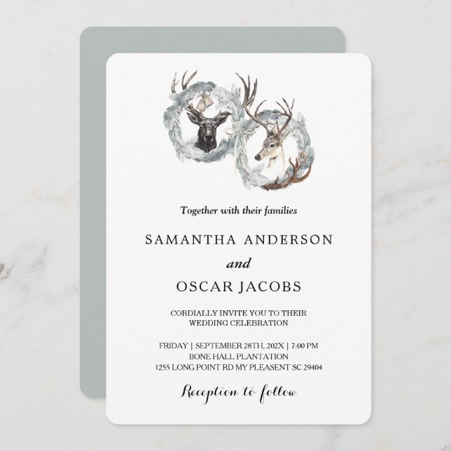 Winter Watercolor Deer Wreath Silver Invitation (Front/Back)