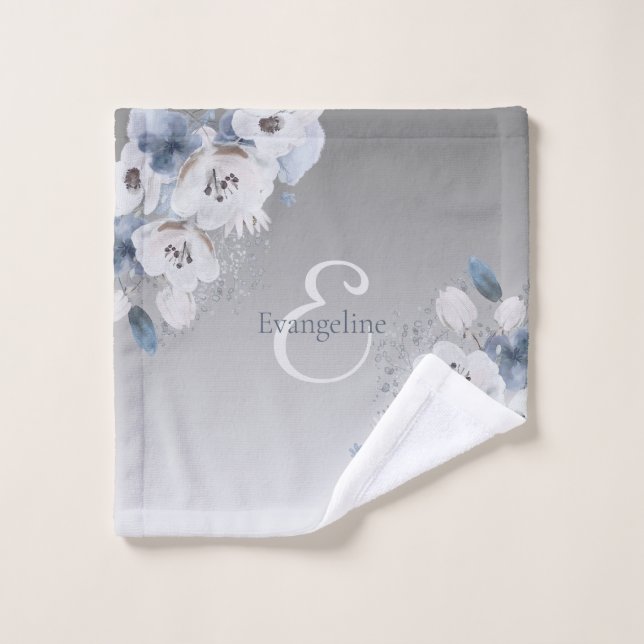 Winter Watercolor Floral Monogram Personalized Bath Towel Set (Wash Cloth)