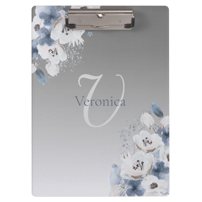 Winter Watercolor Floral Monogram Personalized Clipboard (Front)