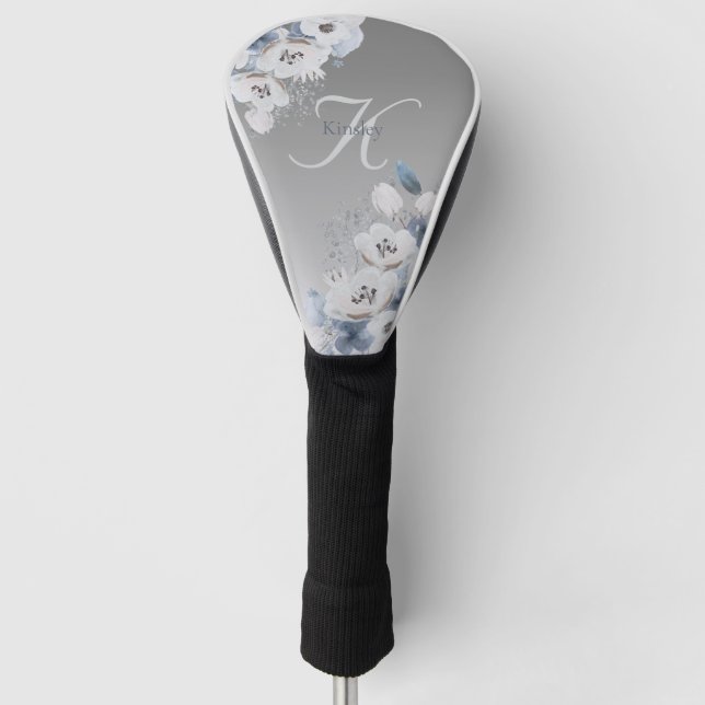 Winter Watercolor Floral Monogram Personalized Golf Head Cover (Front)