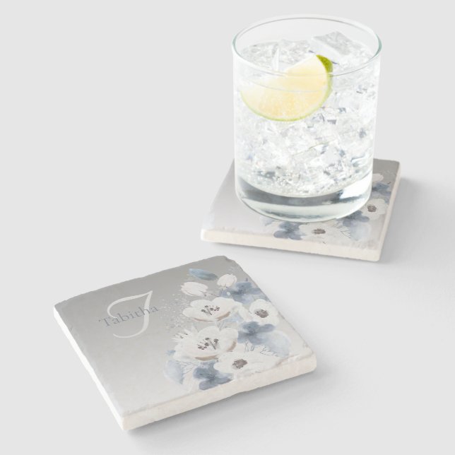 Winter Watercolor Floral Monogram Personalized Stone Coaster (Side)
