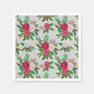 Winter Watercolor Floral Pattern on Light Green Napkin