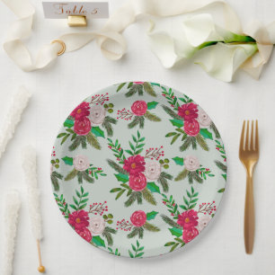 Winter Watercolor Floral Pattern on Light Green Paper Plate