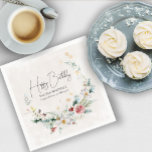 Winter Watercolor Flower Snowflake 100th Birthday Napkin<br><div class="desc">Beautiful soft modern red and white flowers are nestled in soft green leaves to create an elegant half wreath. Soft gold snowflakes add a festive holiday vibe. Sophisticated and chic. Happy Birthday is written in a trendy open and airy script. Two lines of text below let you customize your birthday...</div>