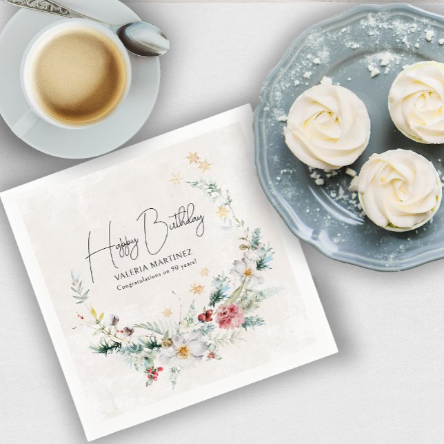 Winter Watercolor Flower Snowflake 90th Birthday Napkin (Need more matching party supplies? Message me!)