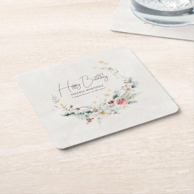 Winter Watercolor Flower Snowflake 90th Birthday Square Paper Coaster (Angled)