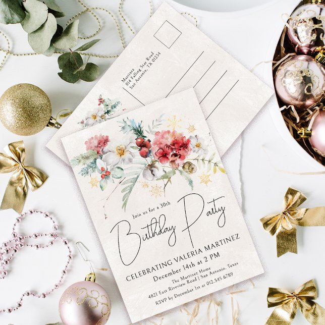 Winter Watercolor Flowers 30th Birthday Party Invitation Postcard (Need a matching welcome sign? Napkins or paper plates. Something else? Message me!)
