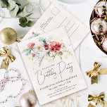 Winter Watercolor Flowers 90th Birthday Party Invitation Postcard<br><div class="desc">Red and white winter watercolor flowers are nestled in soft sage green leaves and foliage. Gold snowflakes add a festive touch. An elegant, simple and modern script gives it a open and airy vibe. There is also a winter floral boquet on the back, your return address and space for you...</div>