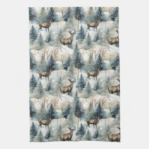 Winter Watercolor Forest Deer (1) Kitchen Towel