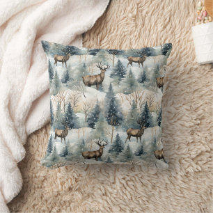 Winter Watercolor Forest Deer (1) Throw Pillow
