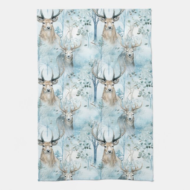 Winter Watercolor Forest Deer (2) Kitchen Towel (Vertical)