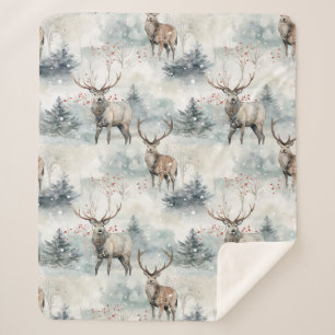 Winter Watercolor Forest Deer (4) Sherpa Blanket