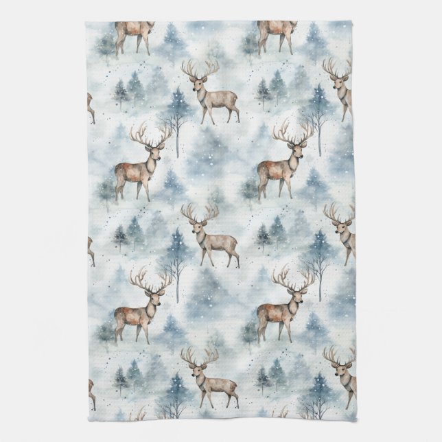 Winter Watercolor Forest Deer (5) Kitchen Towel (Vertical)