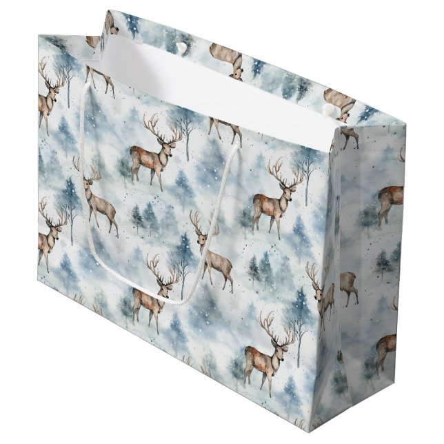 Winter Watercolor Forest Deer (5) Large Gift Bag (Front Angled)