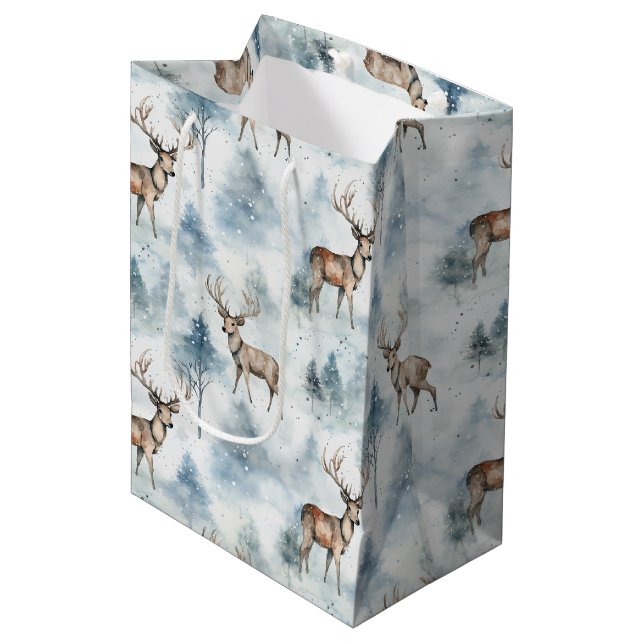 Winter Watercolor Forest Deer (5) Medium Gift Bag (Front Angled)