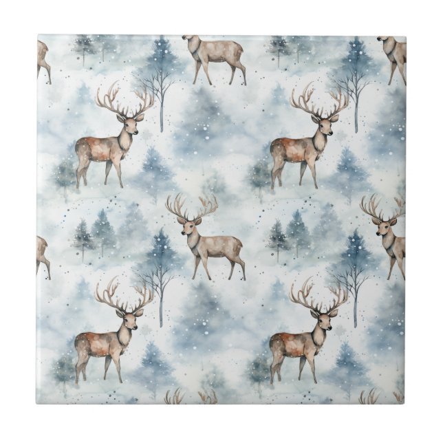 Winter Watercolor Forest Deer (5) Tile (Front)