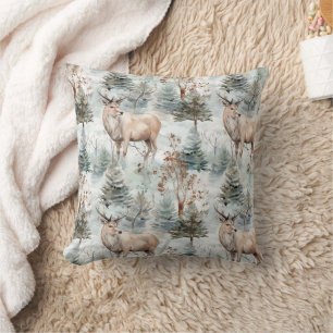 Winter Watercolor Forest Deer (6) Throw Pillow