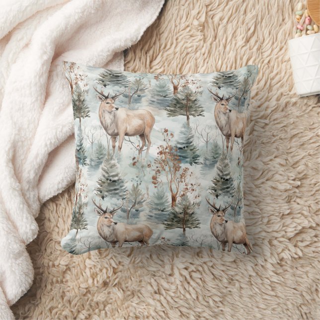 Winter Watercolor Forest Deer (6) Throw Pillow (Blanket)