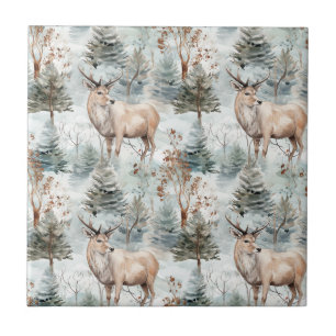 Winter Watercolor Forest Deer (6) Tile