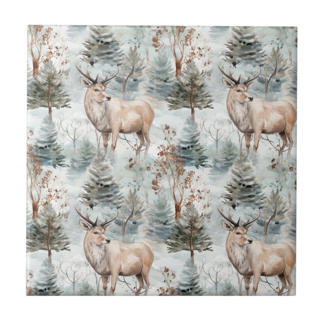 Winter Watercolor Forest Deer (6) Tile (Front)