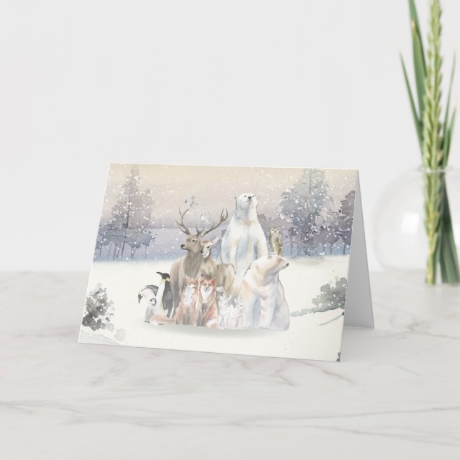 Winter Watercolor Holiday Creatures Card (Front)