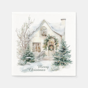 Winter Watercolor Holiday House Christmas Napkin