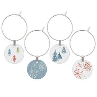 Winter Watercolor Holiday Trees Snowflakes Wine Charm