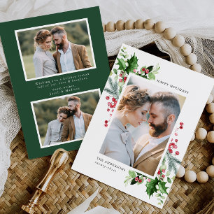 Winter Watercolor Holly Berries & Greenery 3 Photo Holiday Card