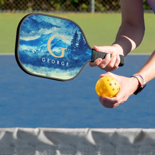 Winter Watercolor Mountains Landscape Monogram Pickleball Paddle (Insitu)