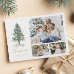 Winter Watercolor Pine Christmas 3 Photo Holiday Card<br><div class="desc">This elegant classic 3 photo holiday card features a watercolor pine Christmas tree decorated with gold stars and sprinkles. On the back is a watercolor winter forest pattern.</div>