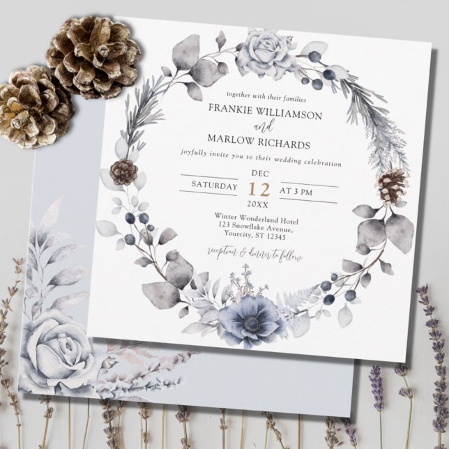 Winter Watercolor Pine Cone Floral Wreath Wedding  Invitation (Creator Uploaded)