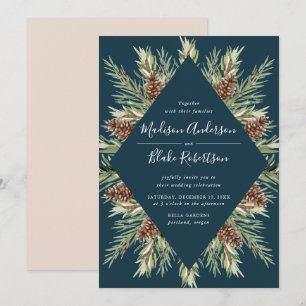 Winter Watercolor Pine Cone Frame Navy Wedding Invitation