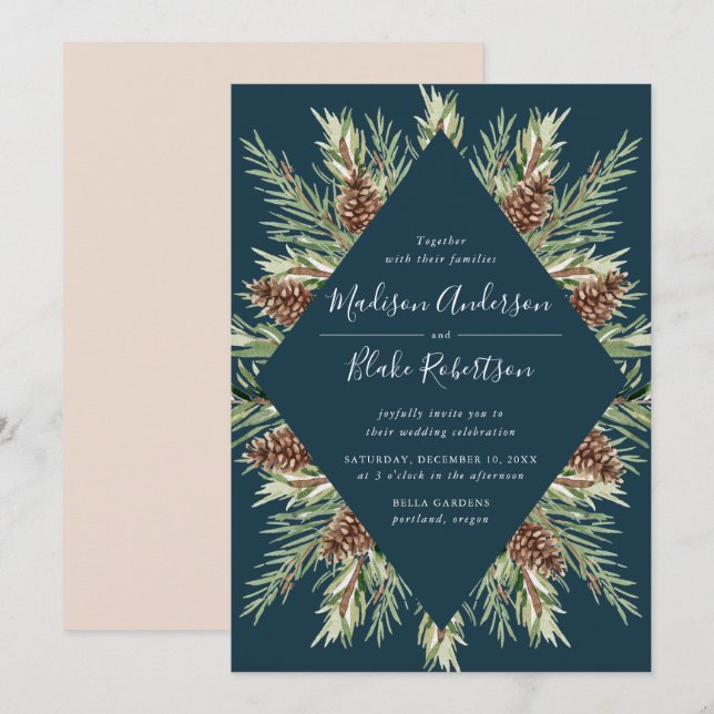 Winter Watercolor Pine Cone Frame Navy Wedding Invitation (Front/Back)