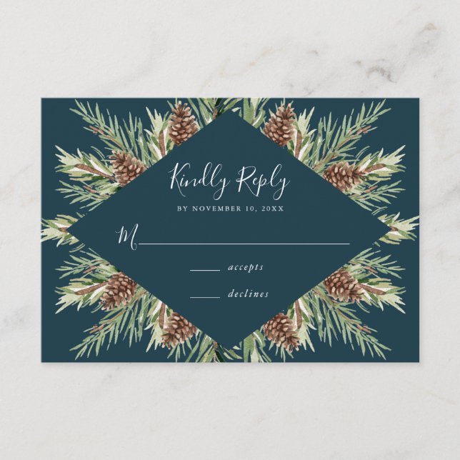 Winter Watercolor Pine Cone Frame Wedding RSVP Enclosure Card (Front)