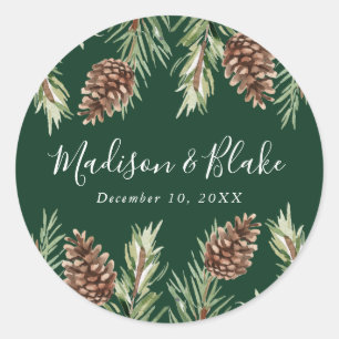 Winter Watercolor Pine Cone Green Wedding Classic Round Sticker