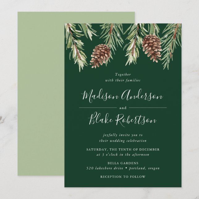 Winter Watercolor Pine Cone Green Wedding Invitation (Front/Back)