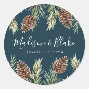 Winter Watercolor Pine Cone Navy Wedding Classic Round Sticker