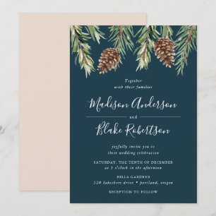 Winter Watercolor Pine Cone Navy Wedding Invitation
