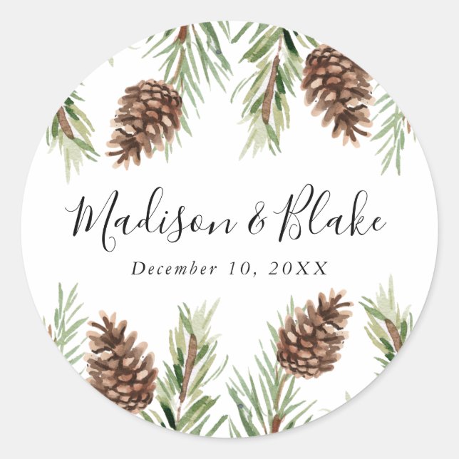 Winter Watercolor Pine Cone Wedding Classic Round Sticker (Front)