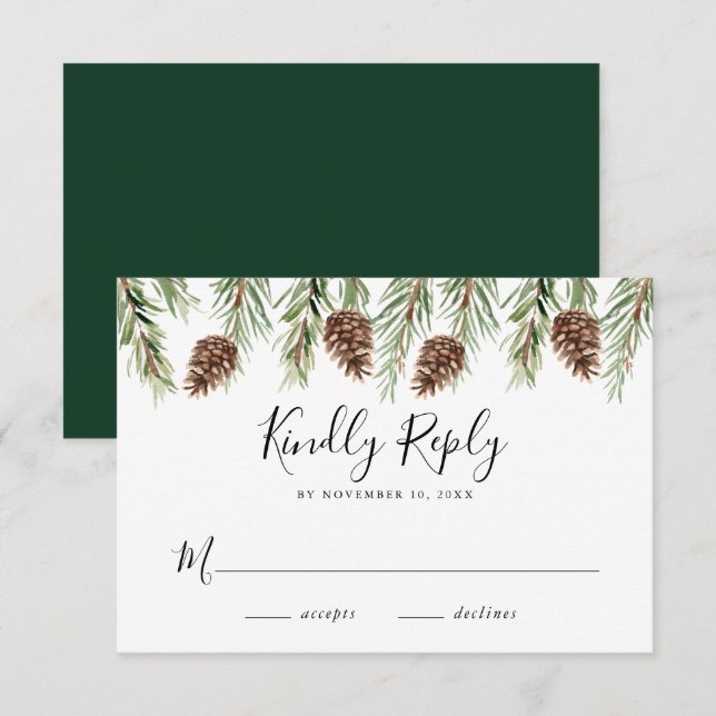 Winter Watercolor Pine Cone Wedding RSVP Enclosure Card (Front/Back)