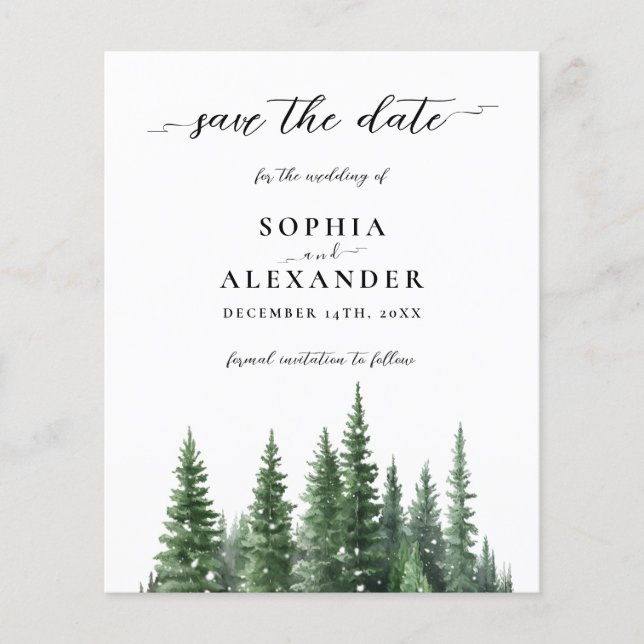 Winter watercolor pine forest Save the date card  (Front)