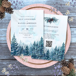 Winter Watercolor Pine Tree Forest QR Code Wedding Invitation