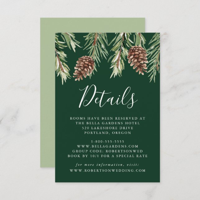 Winter Watercolor Pinecone Wedding Details Enclosure Card (Front/Back)