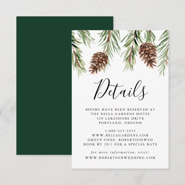 Winter Watercolor Pinecone Wedding Details Enclosure Card (Front/Back)