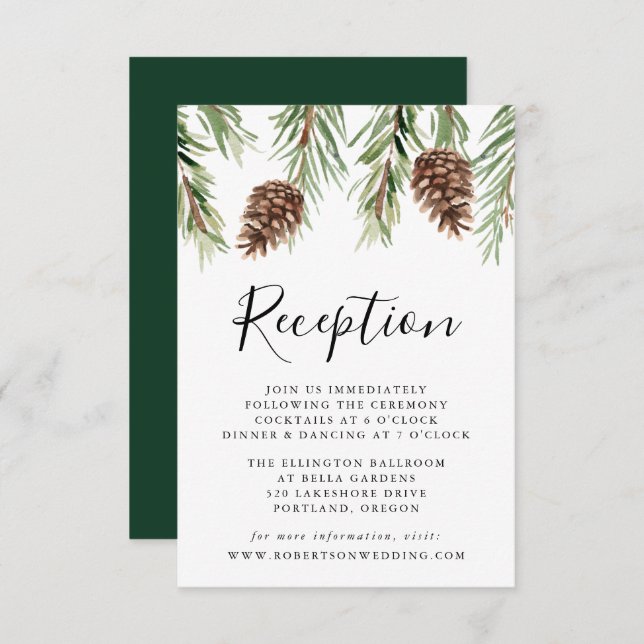 Winter Watercolor Pinecone Wedding Reception Enclosure Card (Front/Back)
