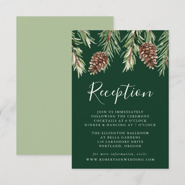 Winter Watercolor Pinecone Wedding Reception Enclosure Card (Front/Back)