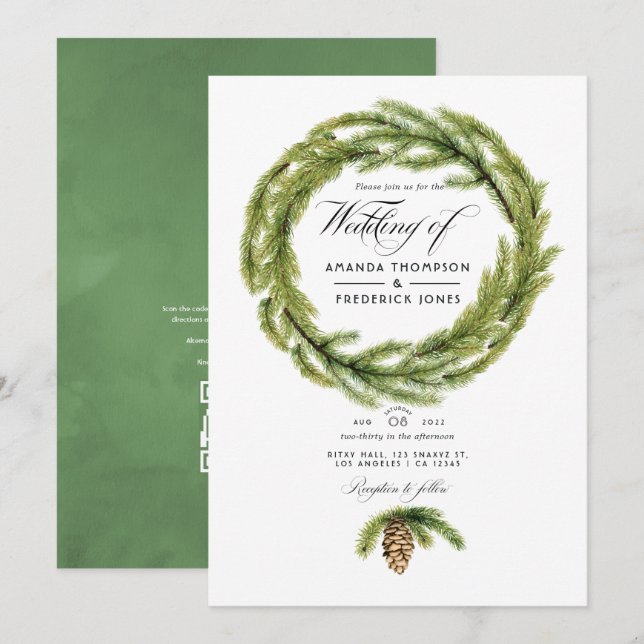 Winter Watercolor Pines QR Code RSVP Wedding Invitation (Front/Back)