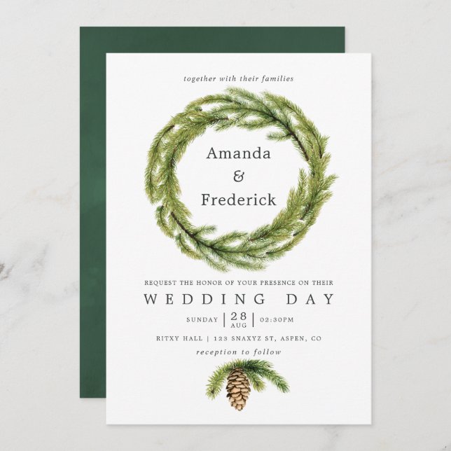 Winter Watercolor Pines Wedding Invitation (Front/Back)